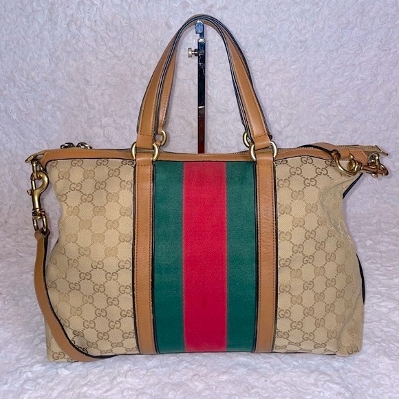 Gucci Rania Monogram GG Web Convertible Satchel Tote Crossbody Bag in Khaki - Picture 10 of 17